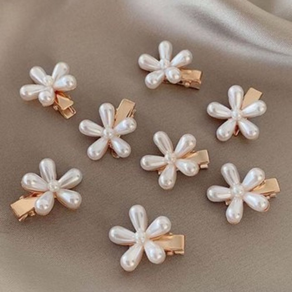 NWT Ella & Elly | Goldtone & White Pearly-Bead Floral Hair Clip Set